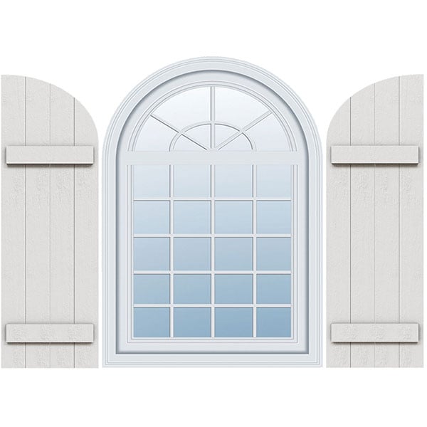Timberthane Faux Rustic Joined Board-n-Batten Faux Wood Shutters w/Quarter Round Arch Top (Per Pair)