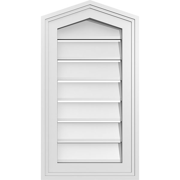 12"W x 22"H Peaked Top Surface Mount PVC Gable Vent 4/12 Pitch: Functional, w/ 2"W x 1-1/2"P Brickmould Frame