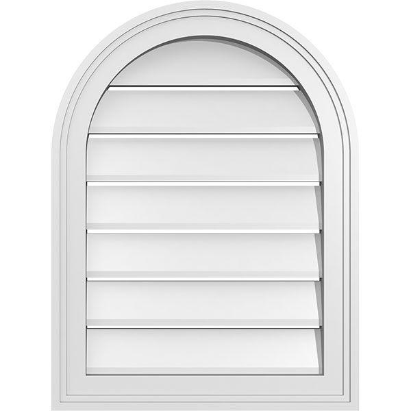 18"W x 24"H Round Top Surface Mount PVC Gable Vent: Functional, w/ 2"W x 1-1/2"P Brickmould Frame