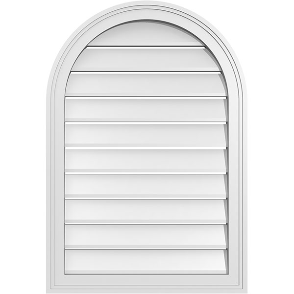 22"W x 32"H Round Top Surface Mount PVC Gable Vent: Functional, w/ 2"W x 1-1/2"P Brickmould Frame