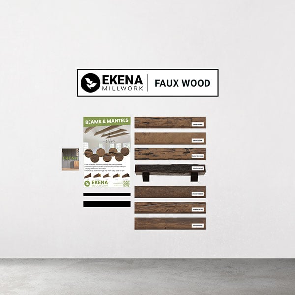 Ekena Millwork Display for Faux Wood Beams & Mantels <br> <br>Contains: <br>11x Select Faux Wood Beam & Mantel Products <br>20x CAT-EKENA-VOL009 <br>1x Ekena Faux Wood Beam & Mantel Display Poster <br>1x Ekena Faux Wood Beam & Mantel Display Sign <br>1x C