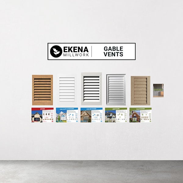 Ekena Millwork Display for Gable Vents <br> <br>Contains: <br>5x Select Gable Vent Products <br>20x CAT-EKENA-VOL009 <br>1x Ekena Gable Vents Display Poster <br>1x Ekena Gable Vents Display Sign <br>1x Catalog Holder (Uline S-8337)