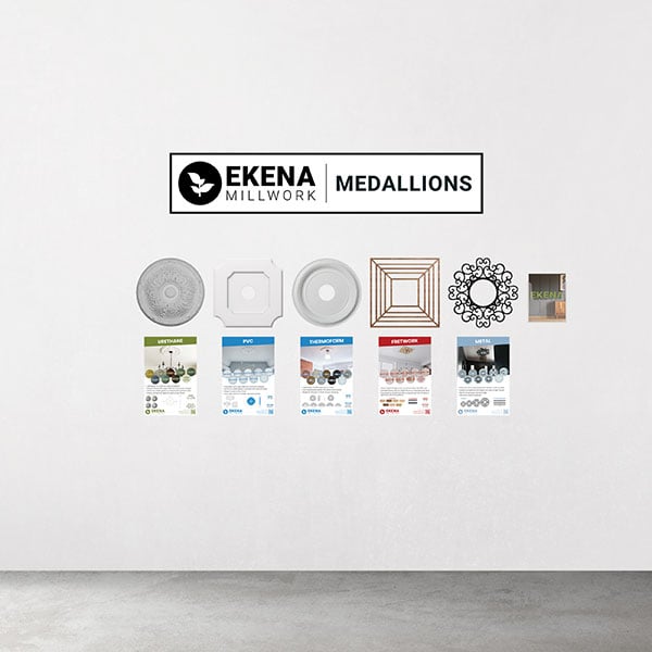 Ekena Millwork Display for Medallions  Contains: 5x Select Ceiling Medallion Products 20x CAT-EKENA-VOL009 1x Ekena Ceiling Medallion Display Poster 1x Ekena Ceiling Medallion Display Sign 1x Catalog Holder (Uline S-8337)
