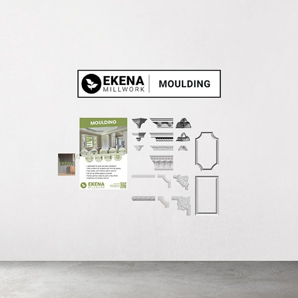 Ekena Millwork Display for Moulding <br> <br>Contains: <br>18x Select Moulding Products <br>20x CAT-EKENA-VOL009 <br>1x Ekena Moulding Display Poster <br>1x Ekena Moulding Display Sign <br>1x Catalog Holder (Uline S-8337)
