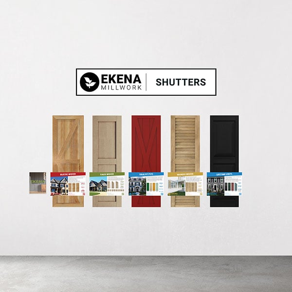 Ekena Millwork Display for Shutters <br> <br>Contains: <br>5x Select Shutter Products <br>20x CAT-EKENA-VOL009 <br>1x Ekena Shutter Display Poster <br>1x Ekena Shutter Display Sign <br>1x Catalog Holder (Uline S-8337)