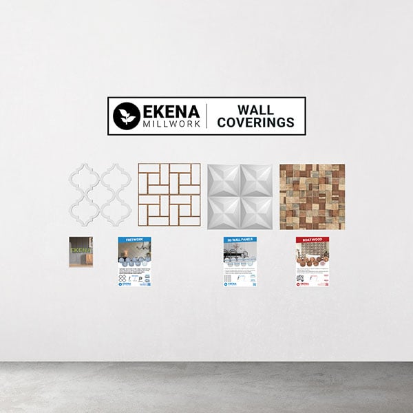 Ekena Millwork Display for Wall Coverings <br> <br>Contains: <br>4x Select Wall Covering Products <br>20x CAT-EKENA-VOL009 <br>1x Ekena Wall Covering Display Poster <br>1x Ekena Wall Covering Display Sign <br>1x Catalog Holder (Uline S-8337)