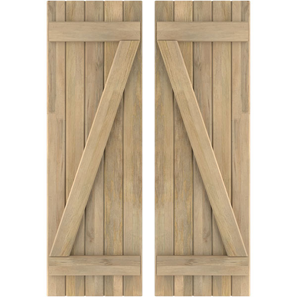 17 1/2"W x 60"H Americraft Five Board (2 Batten) Exterior Real Wood Joined Board-n-Batten Shutters w/ Z-Bar (Per Pair), Unfinished