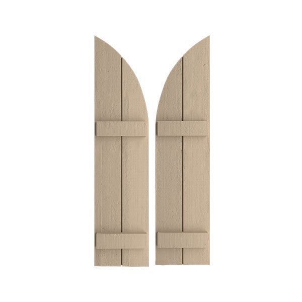 Timberthane Joined Board-n-Batten w/Quarter Round Arch Top Faux Wood Shutters (Per Pair), Primed Tan