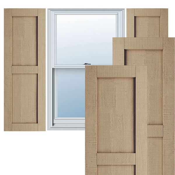 15"W x 50"H Rustic Two Equal Panel Flat Panel  Rough Cedar Faux Wood Shutters (Per Pair), Primed Tan