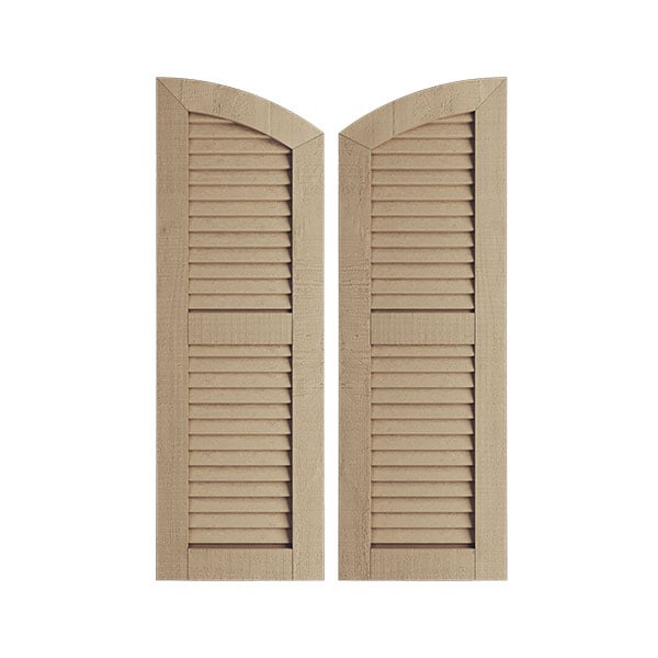 Timberthane Two Equal Louver w/Elliptical Top Faux Wood Shutters (Per Pair), Primed Tan