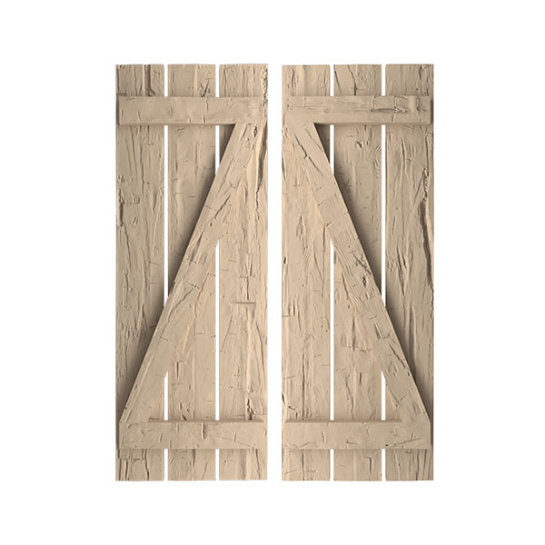 17 1/2"W x 24"H Rustic Three Board Spaced Board-n-Batten Hand Hewn Faux Wood Shutters w/Z-Board (Per Pair), Primed Tan
