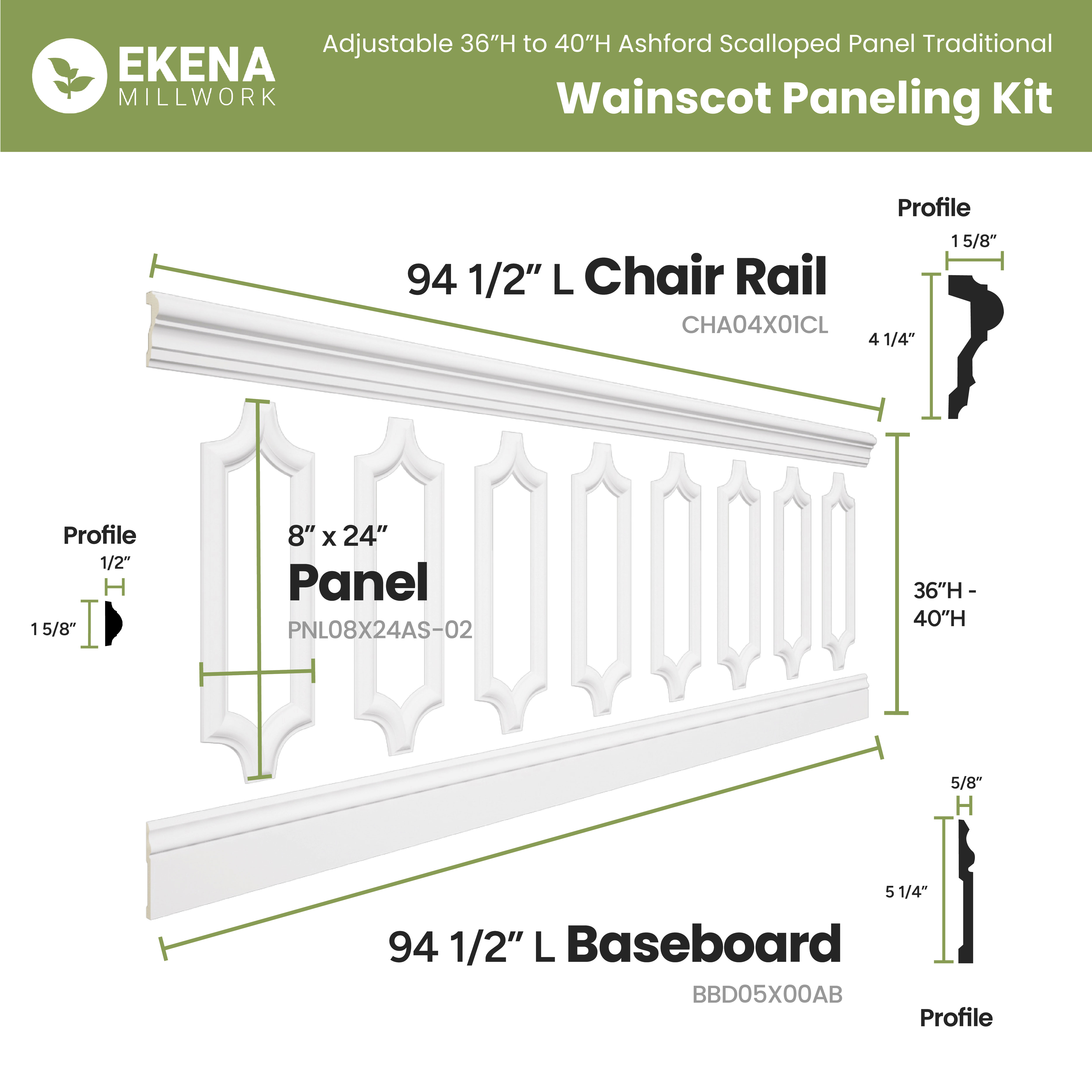 Panneau Mural Lambris Moulé Ashford – Ekena Millwork, 16x24 Pouces, Blanc Apprêté, Neuf