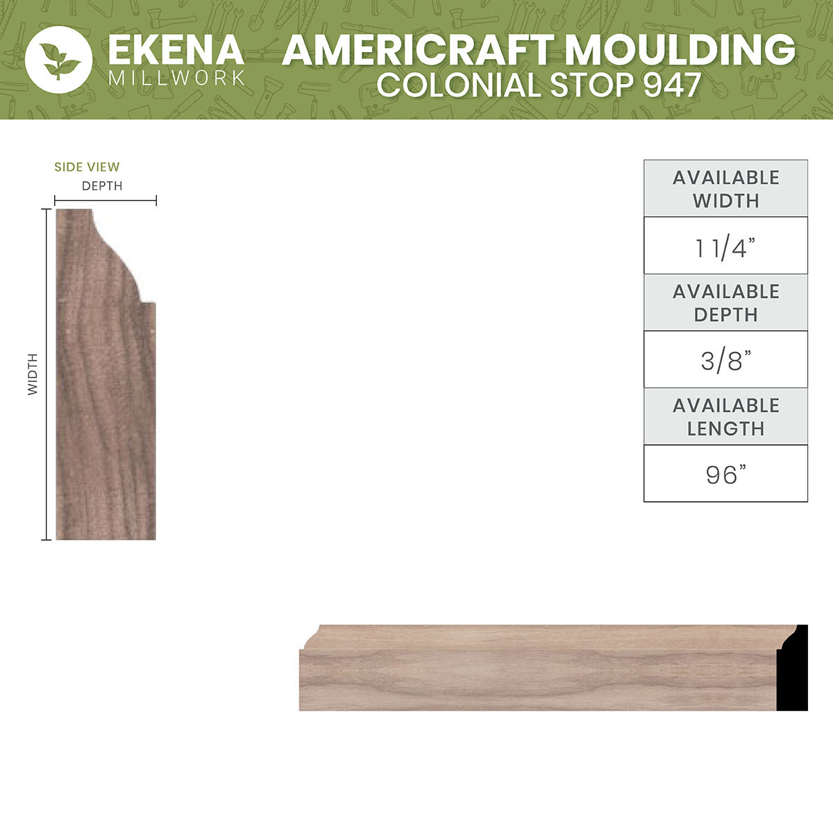 WM947 - Americraft Colonial Stop Solid Hardwood Moulding, 3/8