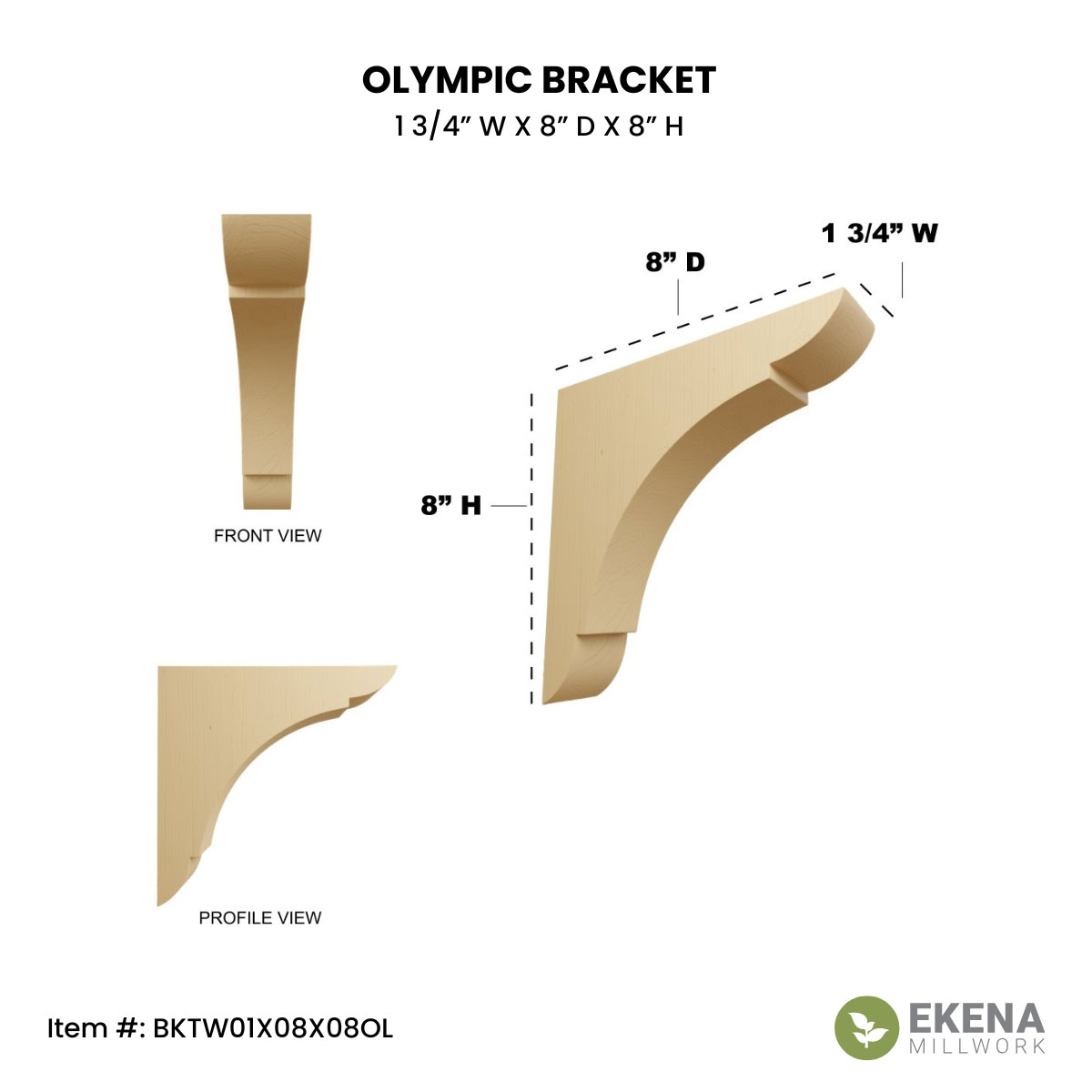 Ekena Millwork Olympic Wood Bracket – 1.75" X 8" X 8", Rubberwood, Holds 150lbs, Ready To Paint Or Stain